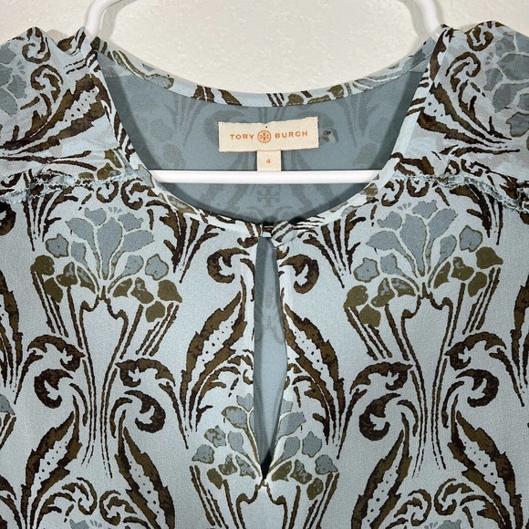 Tory Burch 100% Silk Wallpaper Floral Keyhole Frill Blouse Top Blue Size 4 - Picture 6 of 13